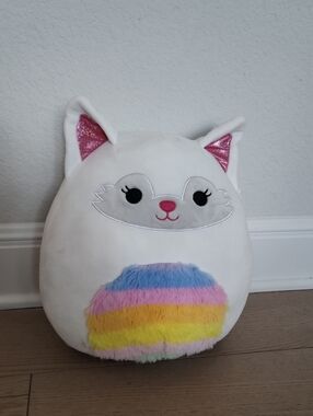 White Cat Squishmallow Pillow with Rainbow Fur
